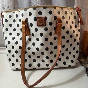 Dooney & Bourke White and Black Polka Dot Large Zip Shopper Leather Tote Bag